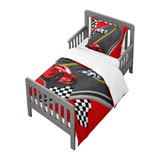 Housse de couette rouge et noire à motifs voitures de course et drapeaux à damier