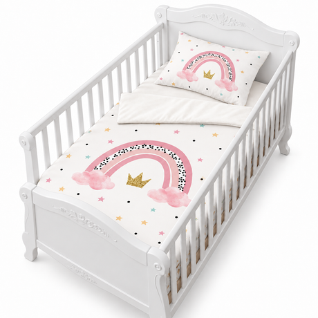 Housse de couette blanche à motif arc‑en‑ciel, nuages roses et étoiles colorées