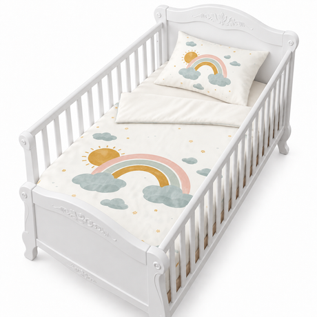 Housse de couette blanche avec motifs arc-en-ciel et nuages multicolores pour enfant