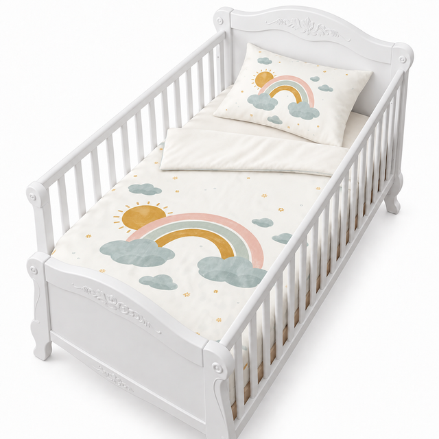 Housse de couette blanche avec motifs arc-en-ciel et nuages multicolores pour enfant