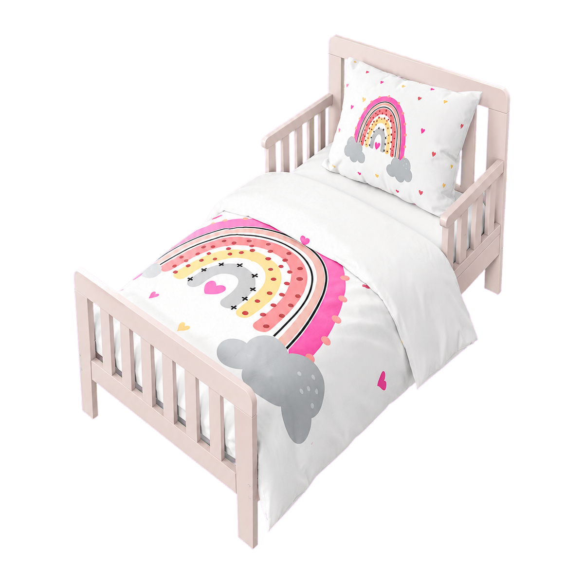 Housse de couette blanche avec arc-en-ciel coloré, nuages et cœurs, motif central