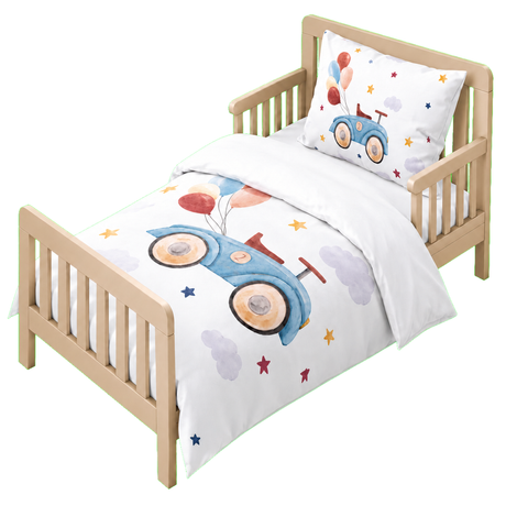 Housse de couette enfant blanche avec motifs de voiture bleue et étoiles