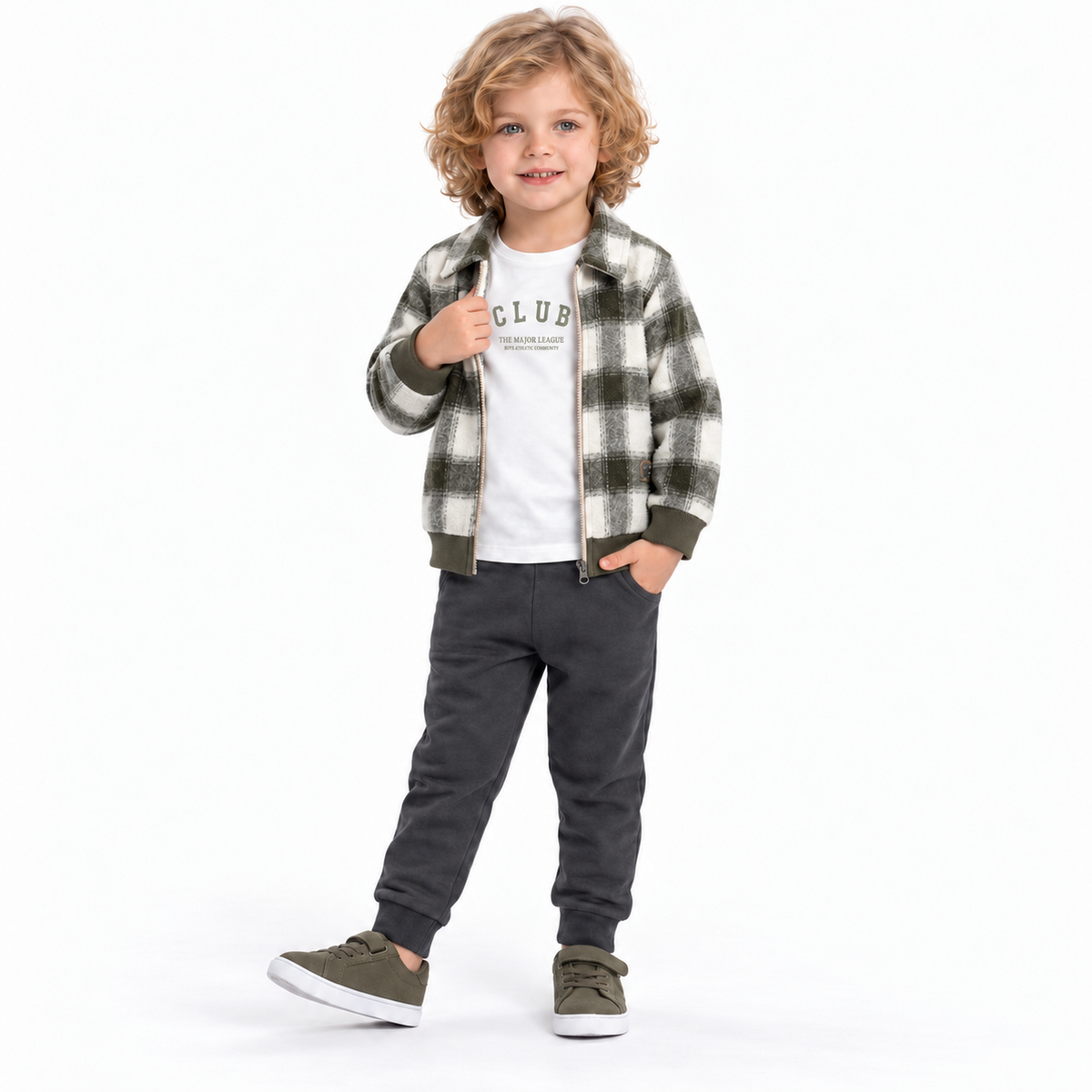 Tenue enfant : veste à carreaux noir/blanc, t-shirt blanc, pantalon gris foncé