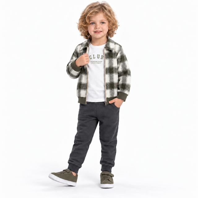 Tenue enfant : veste à carreaux noir/blanc, t-shirt blanc, pantalon gris foncé
