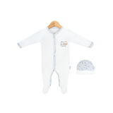 Combinaison bébé Kion blanche à longues manches, boutons et motif hiboux + bonnet