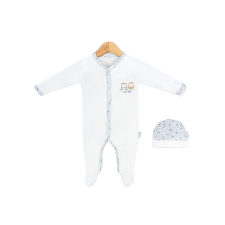 Combinaison bébé Kion blanche à longues manches, boutons et motif hiboux + bonnet