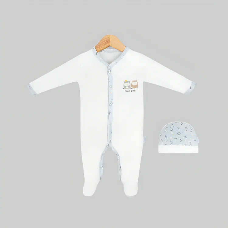 Combinaison bébé Kion blanche à boutons, imprimé animaux + bonnet assorti