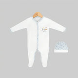 Combinaison bébé Kion blanche à boutons, imprimé animaux + bonnet assorti