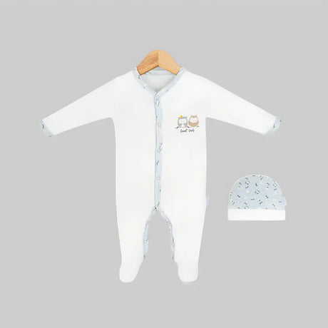 Combinaison bébé Kion blanche à boutons, imprimé animaux + bonnet assorti