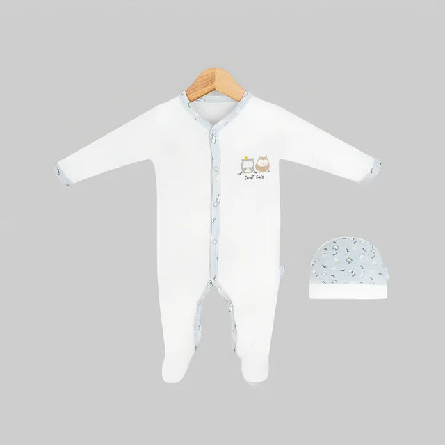 Combinaison bébé Kion blanche à boutons, imprimé animaux + bonnet assorti