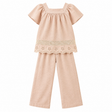 Ensemble fille beige : tunique manches courtes à volants et pantalon ample taille élastique