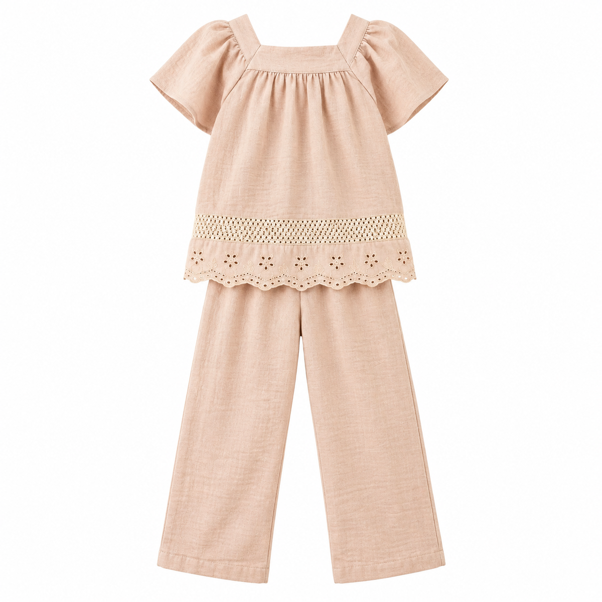 Ensemble fille beige : tunique manches courtes à volants et pantalon ample taille élastique