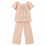Ensemble fille beige : tunique manches courtes à volants et pantalon ample taille élastique