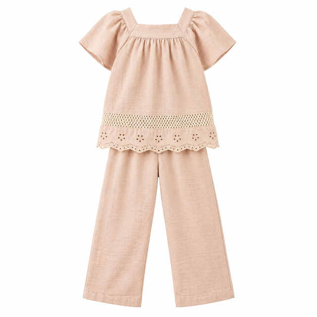 Ensemble fille beige : tunique manches courtes à volants et pantalon ample taille élastique