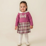 Ensemble bébé : pull violet à nœud décoratif et jupe à carreaux