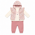 Ensemble bébé : gilet à capuche rose fleuri, t-shirt beige, pantalon rose