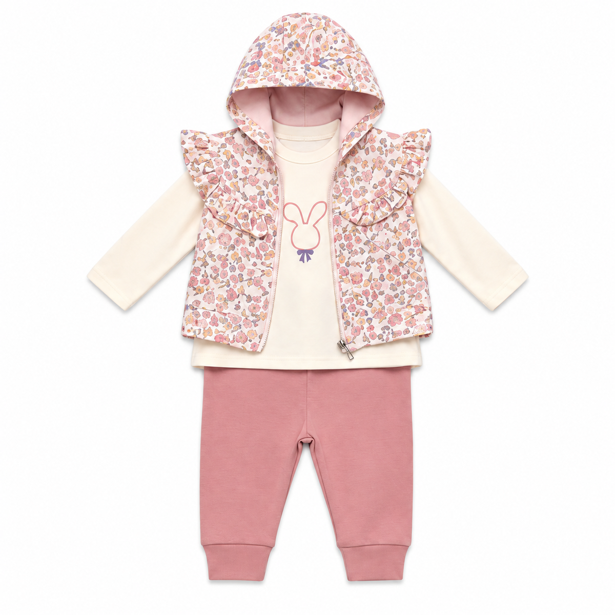 Ensemble bébé : gilet à capuche rose fleuri, t-shirt beige, pantalon rose