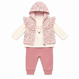 Ensemble bébé : gilet à capuche rose fleuri, t-shirt beige, pantalon rose