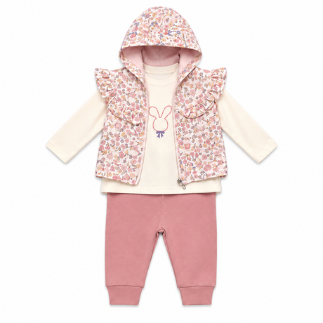 Ensemble bébé : gilet à capuche rose fleuri, t-shirt beige, pantalon rose