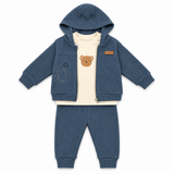 Ensemble bébé à capuche bleu avec poches et motif ours, pantalon assorti