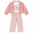 Ensemble bébé rose: veste boutonnée, t-shirt blanc imprimé, pantalon rayé