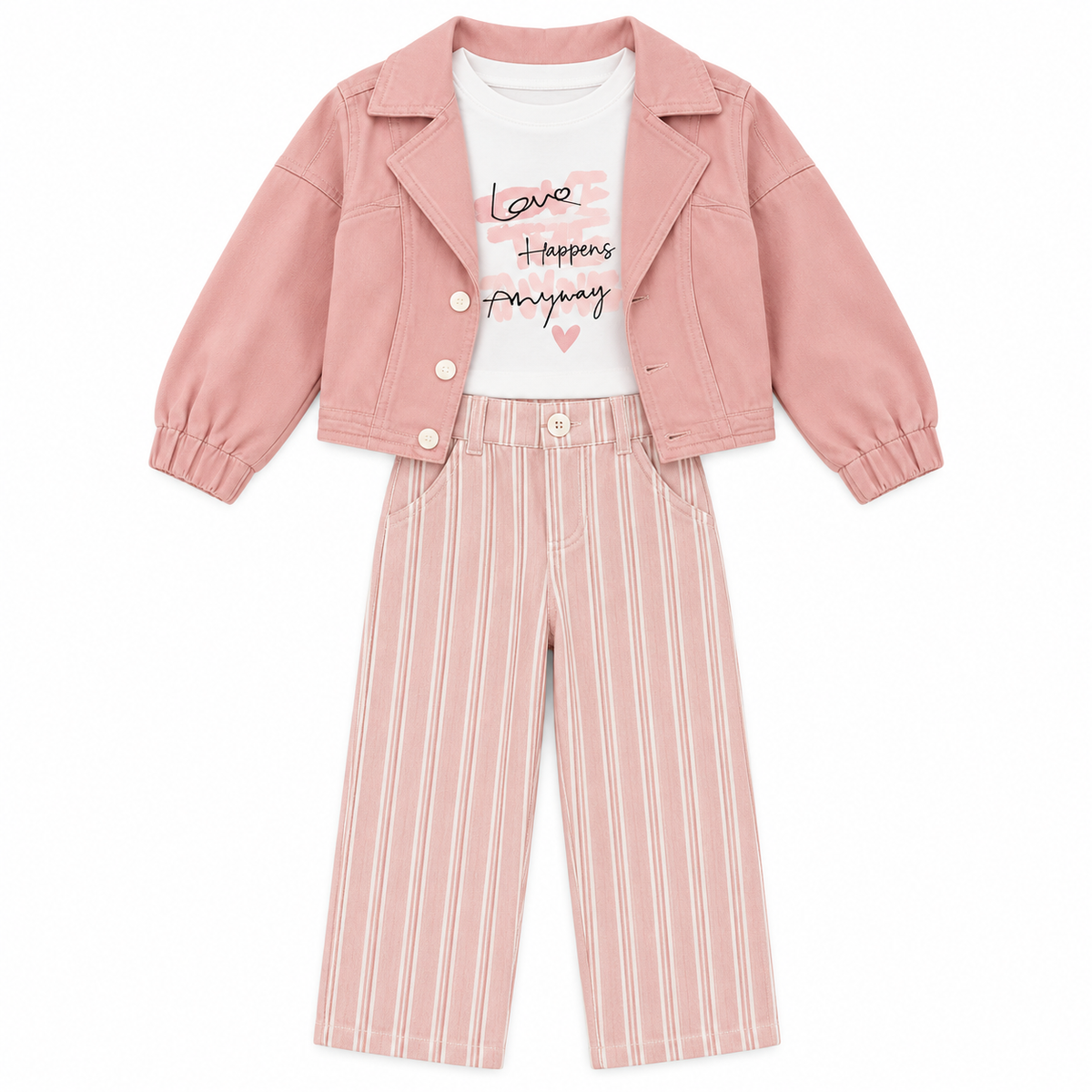 Ensemble bébé rose: veste boutonnée, t-shirt blanc imprimé, pantalon rayé
