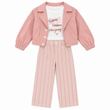 Ensemble bébé rose: veste boutonnée, t-shirt blanc imprimé, pantalon rayé