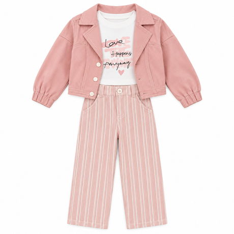 Ensemble bébé rose: veste boutonnée, t-shirt blanc imprimé, pantalon rayé