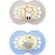Paire de sucettes 6M+ bleu et gris, motifs lune et étoiles, anneaux