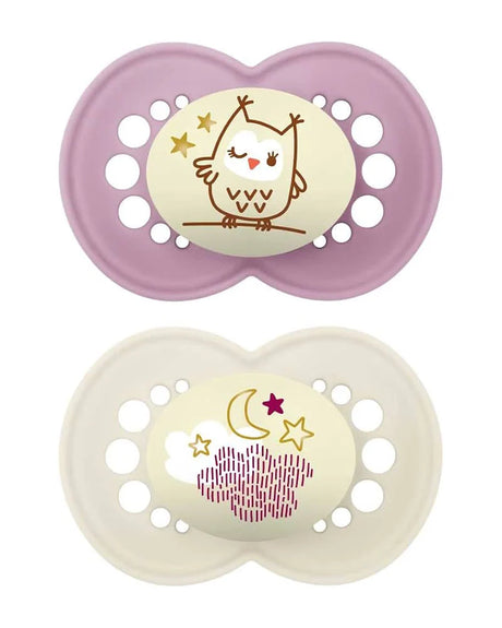 Lot de 2 tétines MAM Nuit 6M+ mauve & blanc, motifs chouette et lune