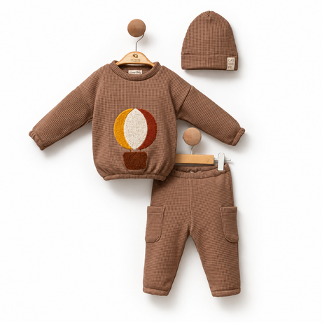 Ensemble 2 pièces bébé : pull marron et pantalon assorti, motif appliqué