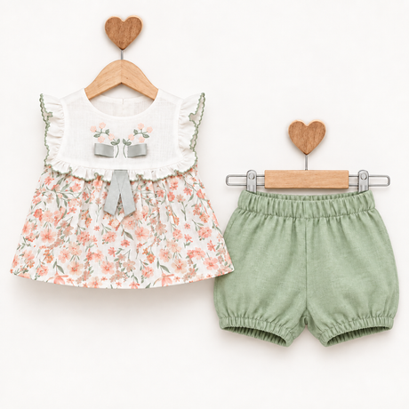 Ensemble bébé : robe à volant blanche et jupe fleurie, avec bloomer vert uni