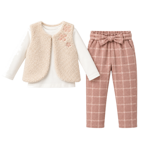 Ensemble bébé : gilet fausse fourrure beige, manches blanches, pantalon à carreaux rosés avec nœud