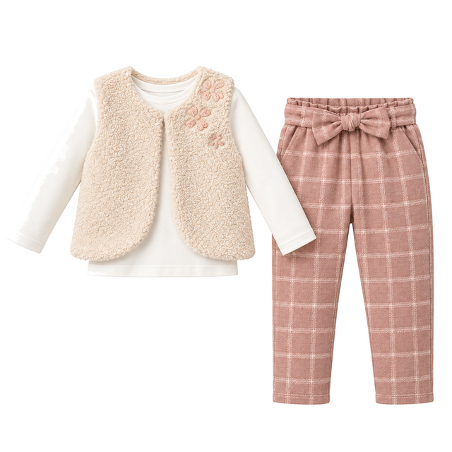 Ensemble bébé : gilet fausse fourrure beige, manches blanches, pantalon à carreaux rosés avec nœud