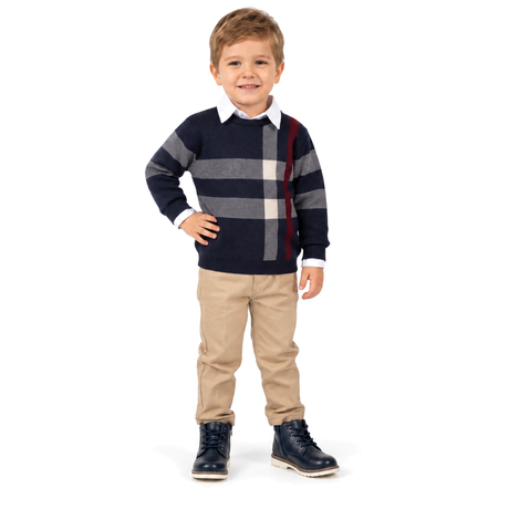 Pull enfant bleu marine à col blanc, motif écossais en carreaux gris et blancs