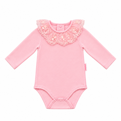 Body bébé rose à manches longues et col volanté en dentelle