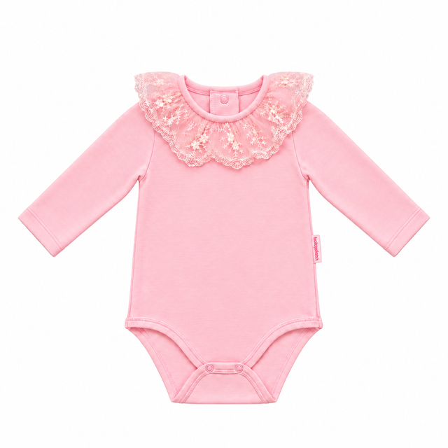 Body bébé rose à manches longues et col volanté en dentelle