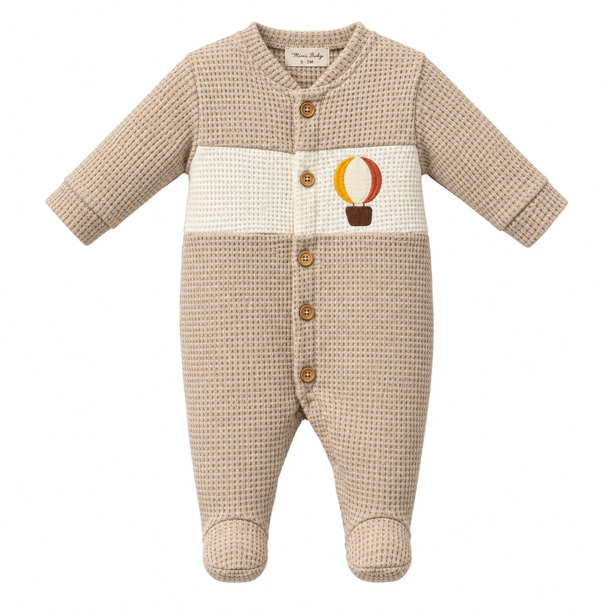 Combinaison bébé Mongo beige à carreaux, poche montgolfière, boutons pression devant