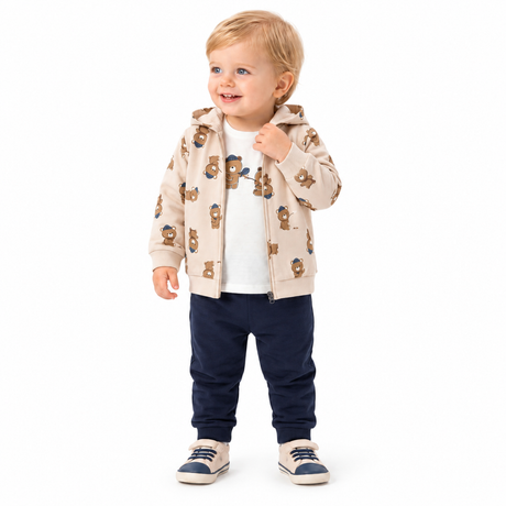 Tenue bébé : veste à capuche imprimée ours et pantalon bleu marine