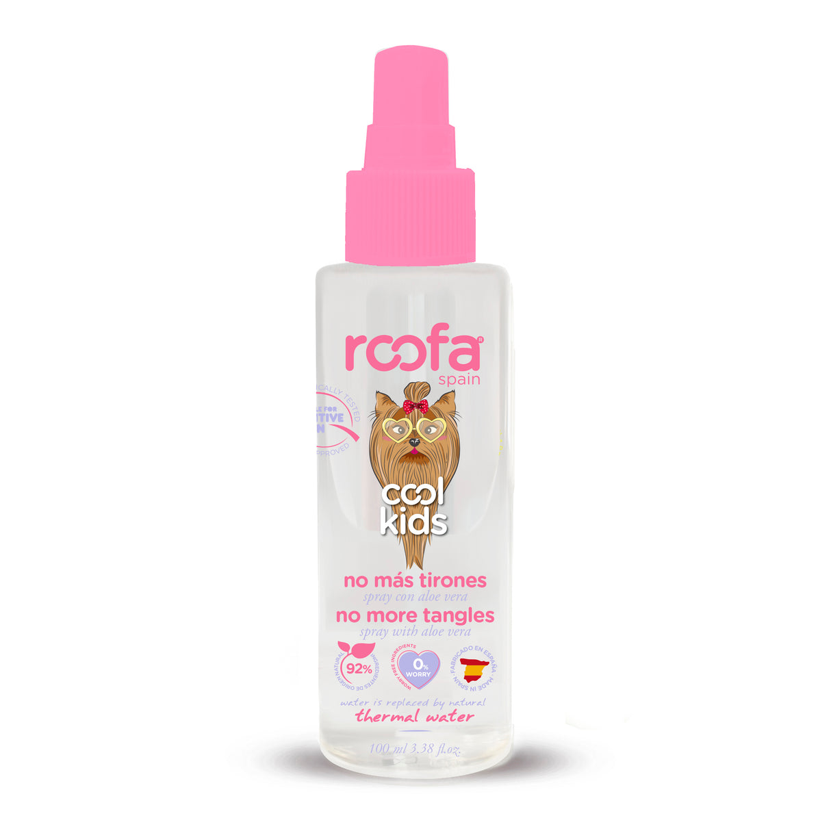 Spray démêlant enfants ROOFA, flacon transparent à bouchon rose, 100 ml