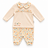 Ensemble bébé : haut beige col volant à imprimé marin, pantalon à motifs animaux marins