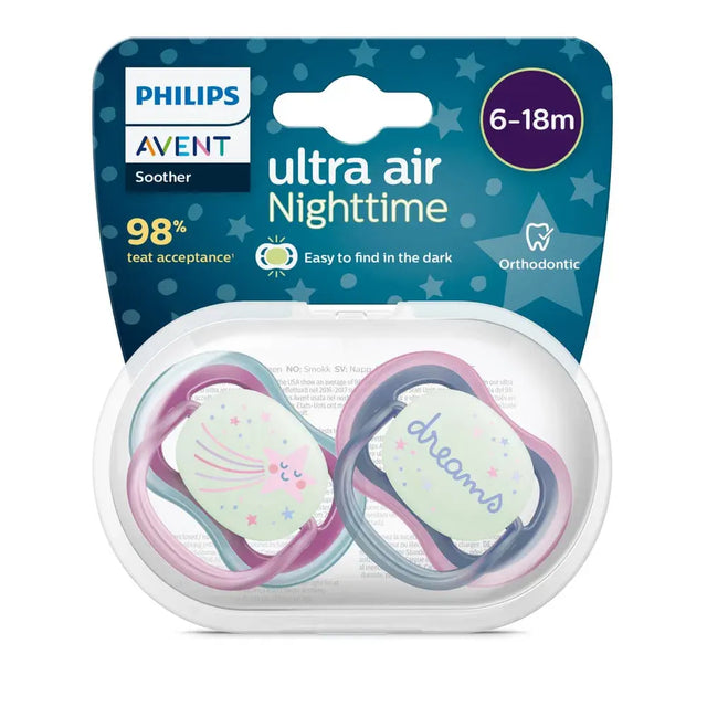 Deux sucettes Philips Avent Ultra Air Nighttime 6-18 mois, col bleu et rose