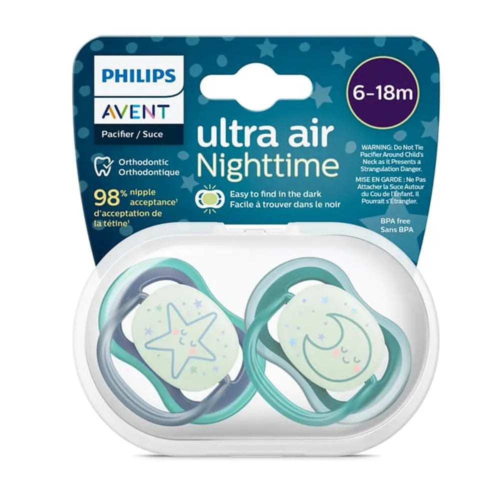 Pack de 2 sucettes bébé en silicone, motif étoiles, bleu, 6-18m