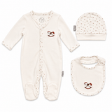 Ensemble bébé Poney Club: combinaison crème, broderie poney, bonnet et bavoir assortis