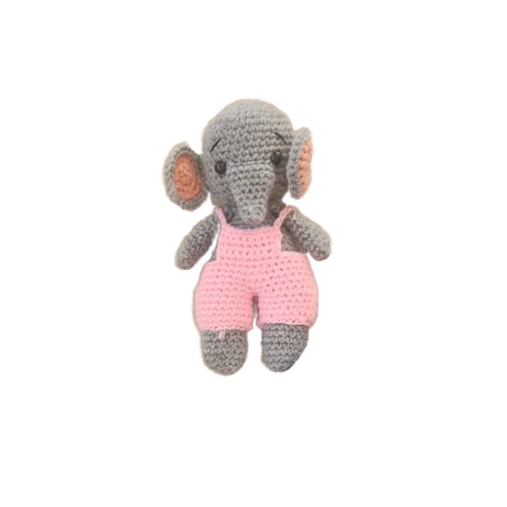 Poupee Elephant : Gris Avec Salopette Rose