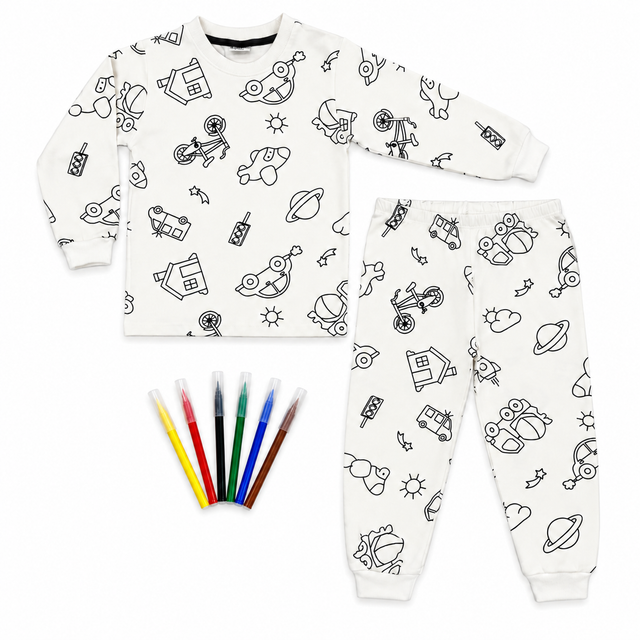 Pyjamas à colorier blancs, manches longues et pantalon long, motifs à dessiner, avec feutres