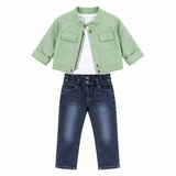 Ensemble bébé : veste verte menthe à boutons-pressions et jean bleu foncé