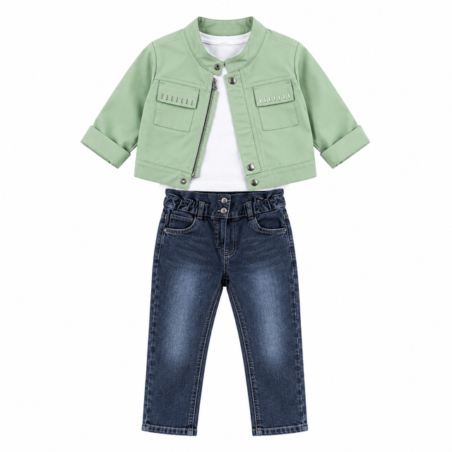 Ensemble bébé : veste verte menthe à boutons-pressions et jean bleu foncé