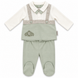 Ensemble bébé : haut blanc à col rond, salopette gris, pantalon vert menthe