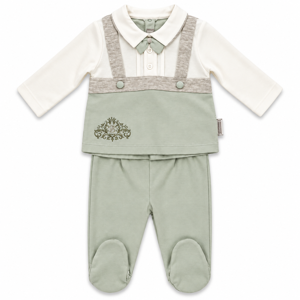 Ensemble bébé : haut blanc à col rond, salopette gris, pantalon vert menthe